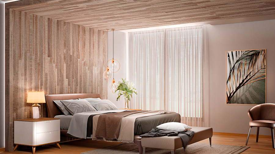 Fotografia de um quarto com revestimento de parede e teto em brise madeira, móveis e objetos de decoração