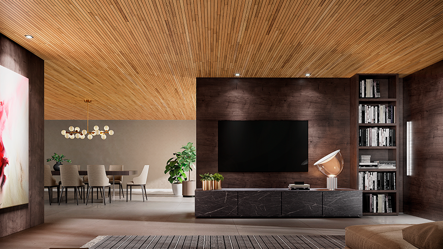 Fotografia de um sala de estar com móveis, televisão, objetos de decoração e revestimento de teto em brise de madeira
