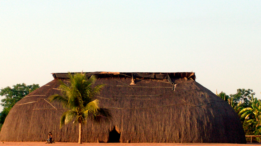 Fotografia de oca indígena produzida com madeira, bambu, sapê e folhas de palmeira, no Xingu, Brasil. 