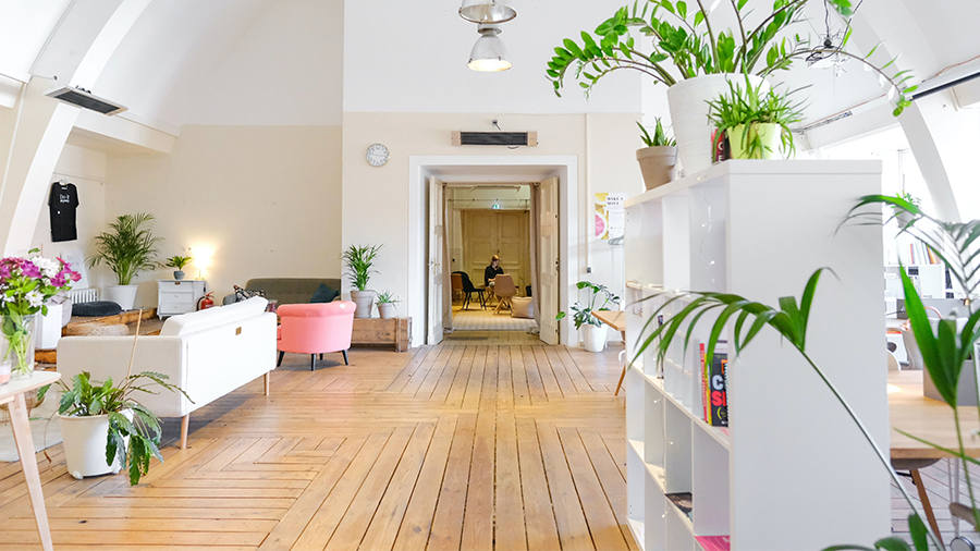 Fotografia de ambiente interno de uma casa, amplo, com móveis e plantas distantes entre si.