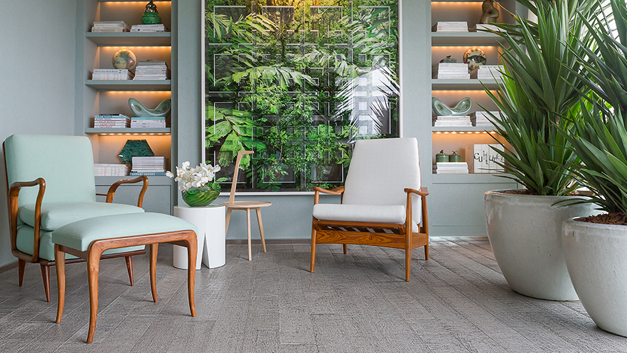 Fotografia de um espaço de estar com piso de madeira cinza, móveis e paredes de cor neutra e vasos de plantas.