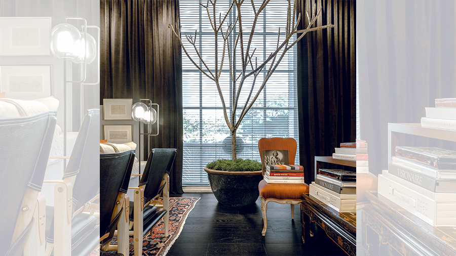 Fotografia de um espaço interno com piso de madeira, vaso de planta, móveis e objetos de decoração.