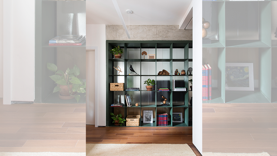 Fotografia de um espaço interno com piso de madeira, tapete e estante modular com plantas e objetos de decoração.