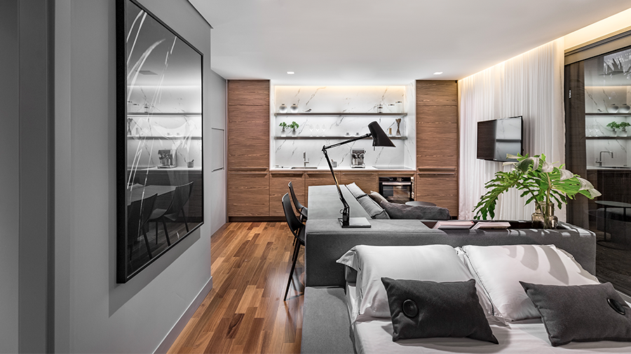 Sala com piso de madeira, parede e sofás na cor cinza e planta verde complementa a decoração.
