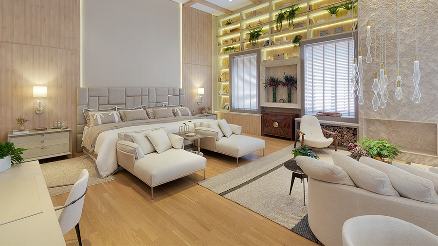 Quarto com piso de madeira claro, decoração predominante utilizando tons claros de branco, creme e bege.