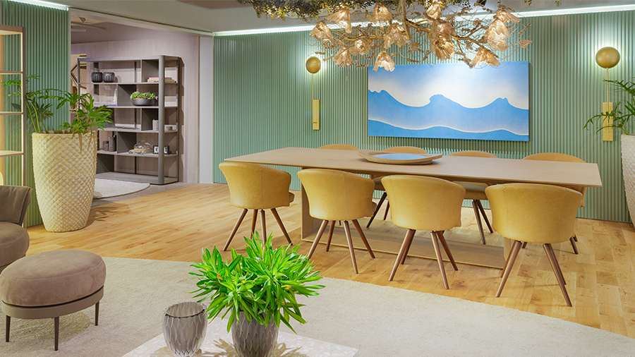 Sala de Jantar com piso de madeira, decoração em tons claros, parede verde e quadro simulando as ondas no mar, em destaque na parede.
