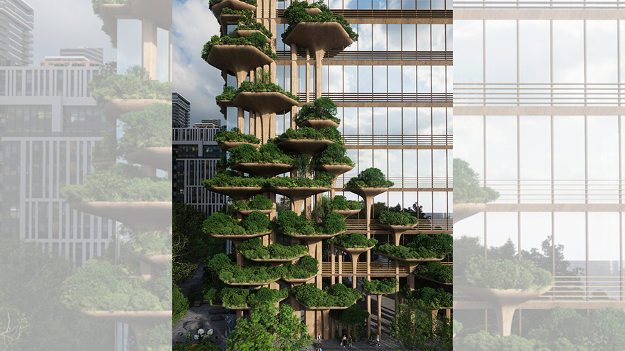Imagem da estrutura de troncos junto ao Urupê Tower decoradas com diversas plantas, ao fundo há prédios e em baixo uma passagem com pedestres. 