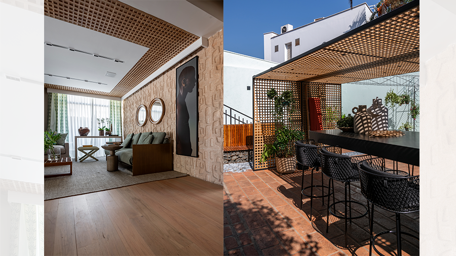 Junção de duas imagens de espaços com aplicação do painel muxarabi, o primeiro é um local aberto, onde o painel diminui a entrada de luz na mesa de jantar e o segundo ele serve de decoração no teto de uma sala.