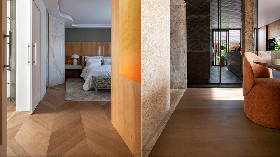 Junção de duas imagens com aplicação de piso de madeira, sendo a primeira um hall de entrada com tons neutros e a segunda é um quarto com piso chevron combinado com tons claros.