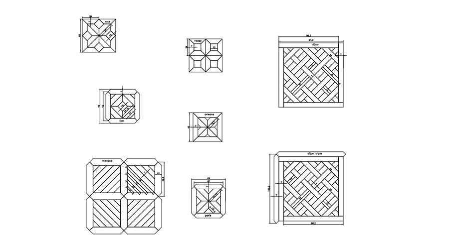  Imagem preta e branca de um projeto de como é a montagem de um piso versailles. 