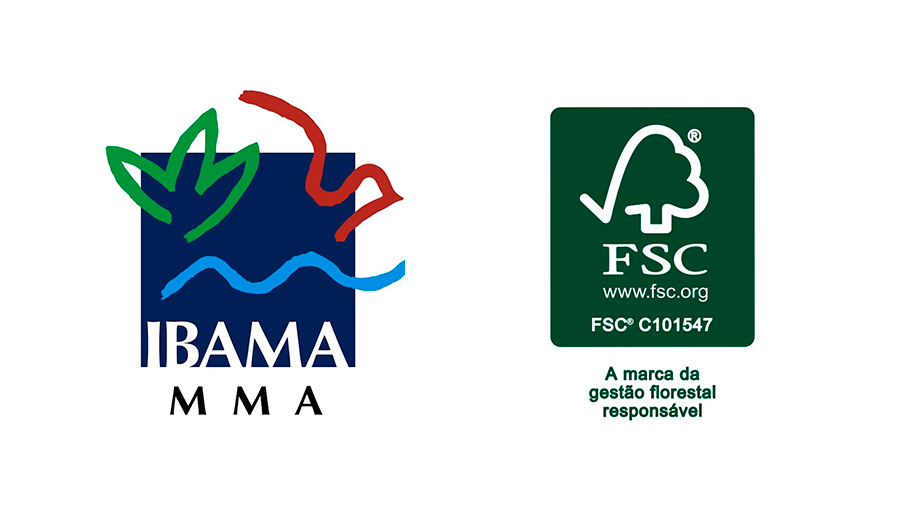 Imagem do emblema das certificações do FSC (Forest Stewardship Council® ou Conselho de Manejo Florestal®) e do IBAMA. 