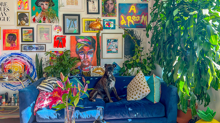Sala com decoração eclética: um sofá azul com almofadas de diversas estampas, vasos de plantas ao lado. Na frente, uma mesa de centro com um vaso. Na parede ao fundo, diversos quadros coloridos pendurados.