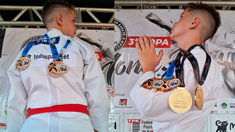  Imagem do Miguel de costas com o kimono e o logo da Insduspaquet, junto de duas medalhas e uma faixa vermelha.