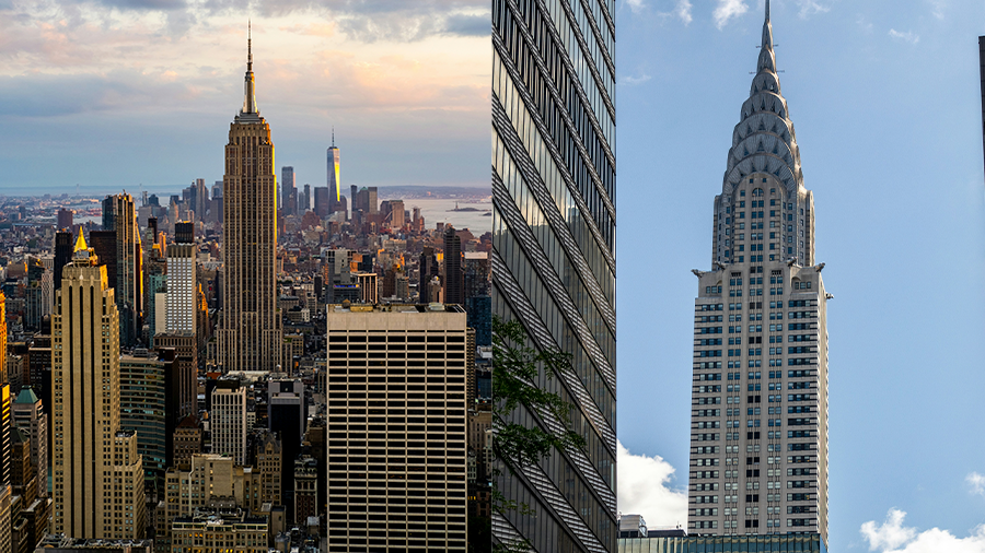 Imagem da cidade de Nova York, com o Empire State Building no centro e o céu entre nuvens. Ao lado, uma imagem aproximada do edifício Chrysler, com um prédio ao lado e céu azul. Ambos possuem arquitetura art déco.