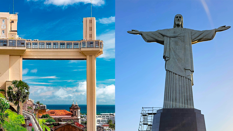 Imagem do Elevador Lacerda, com ruas e carros abaixo, árvores e casas ao redor, e o mar ao fundo. Ao lado, a imagem do Cristo Redentor vista de baixo, com pessoas ao redor e o céu azul.