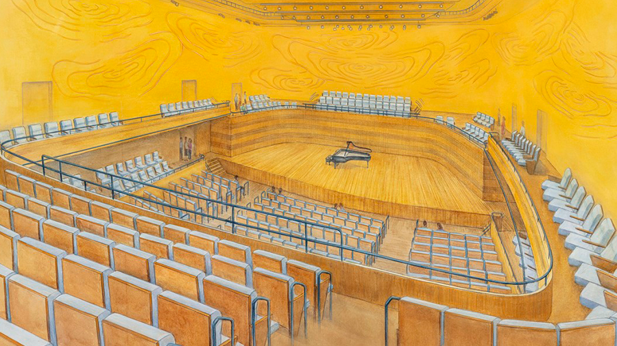 Desenho com o amarelo sendo a cor predominante na sala principal do Teatro Cultura Artística, com o palco no centro e diversas cadeiras ao seu redor.